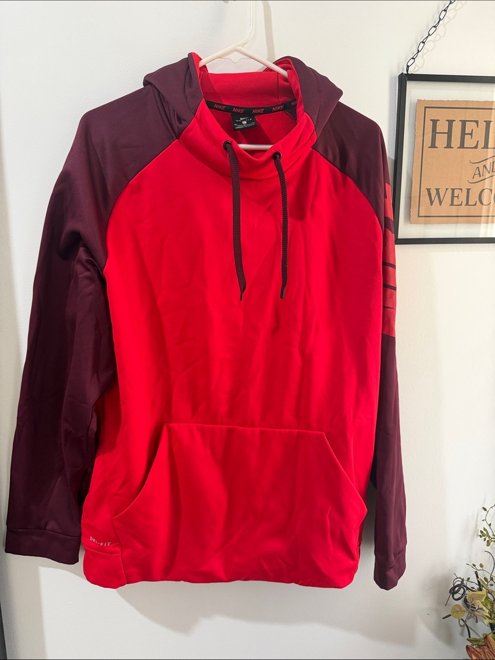 Nike Men’s Red Hoodie with Maroon Raglan Sleeves